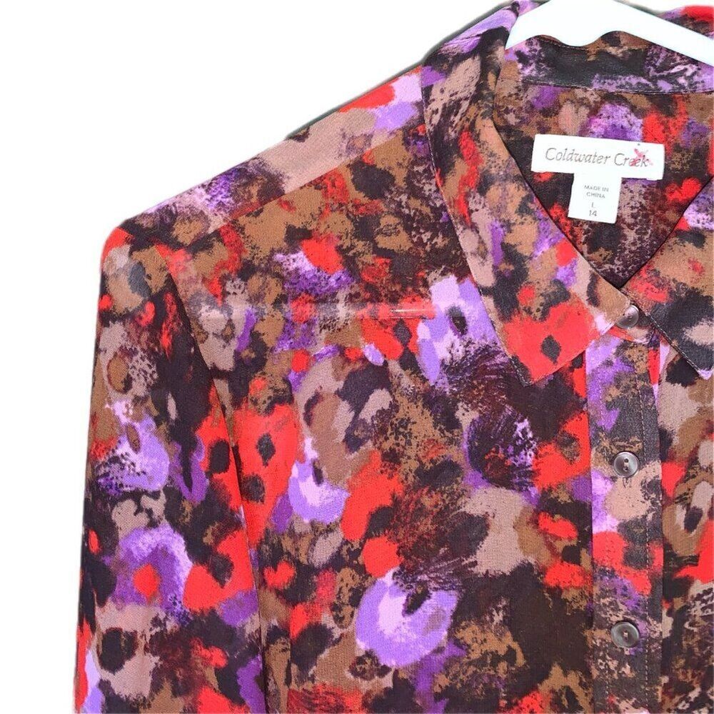 Coldwater Creek Button Down Women L 14 Long Sleeve Purple Red Brown Floral Fall